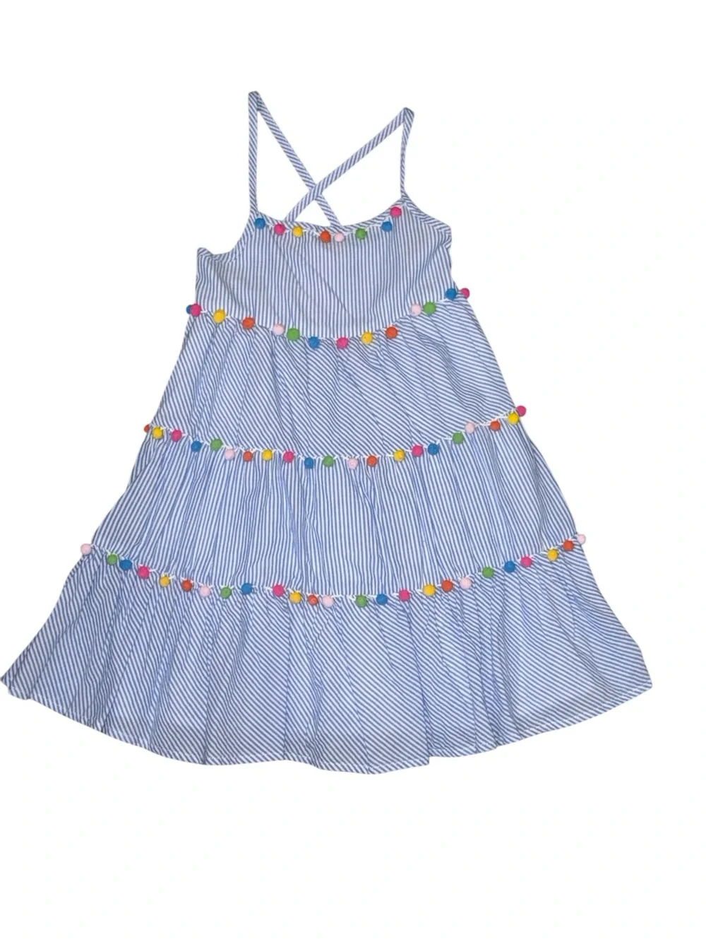 Tommy Bahama Blue and White Striped Pom-Pom Tiered Dress